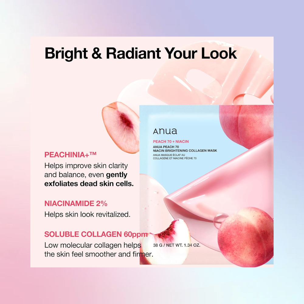 ANUA Peach 70 Niacin Brightening Collagen Mask 38g (4ea) – Wholesale (32 pcs/carton)