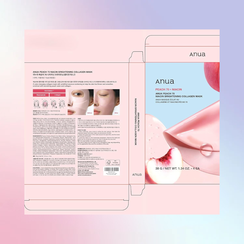 ANUA Peach 70 Niacin Brightening Collagen Mask 38g (4ea) – Wholesale (32 pcs/carton)